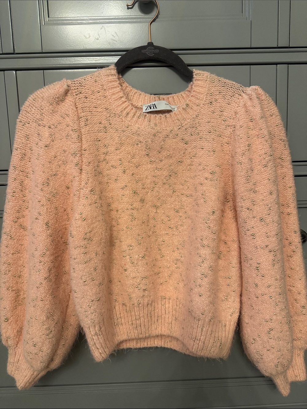 ZARA Blush Pink Puff-Sleeve Metallic-Knit Sweater